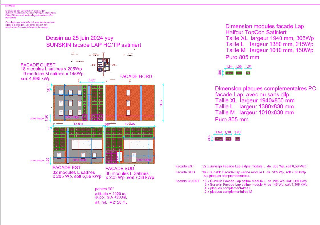 : Plans d’implantation de panneaux photovoltaïques sur façade à la cabane du Col de Cou.