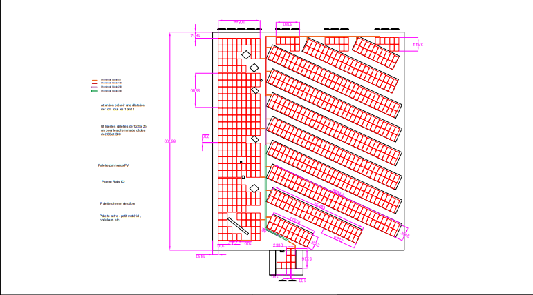 Plan d’implantation des 749 panneaux solaires Trina Solar sur toiture industrielle, optimisé pour l’autoconsommation d’énergie photovoltaïque.