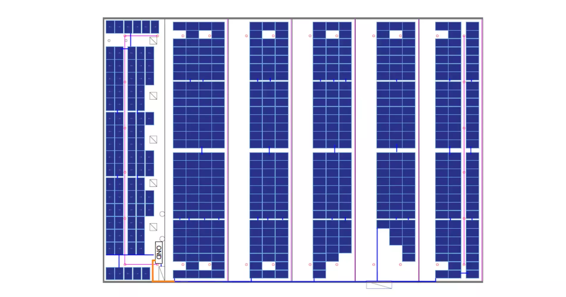 Schéma d’implantation de la toiture du garage avec l’implantation détaillée des 546 panneaux photovoltaïques.