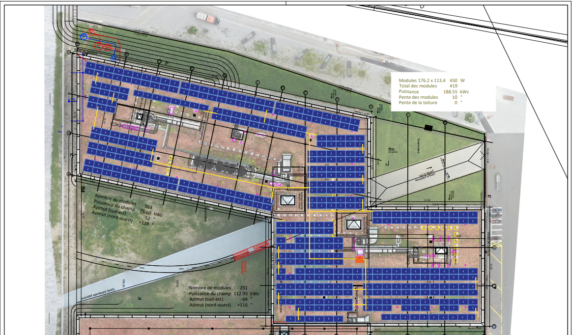 Plans d’implantation de panneaux photovoltaïques sur toitures plate à Épalinges (VD), réalisés par tera solar. L’étude technique montre la disposition des modules solaires de 450 W selon les contraintes architecturales et les zones d’ombrage, pour maximiser la production d’énergie solaire.