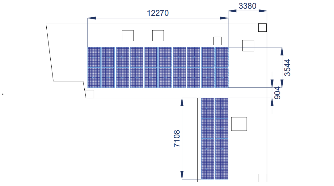 Plan d'implantation des panneaux photovoltaïques Trina Solar 445W sur toiture, avec mesures précises, réalisé par tera solar.