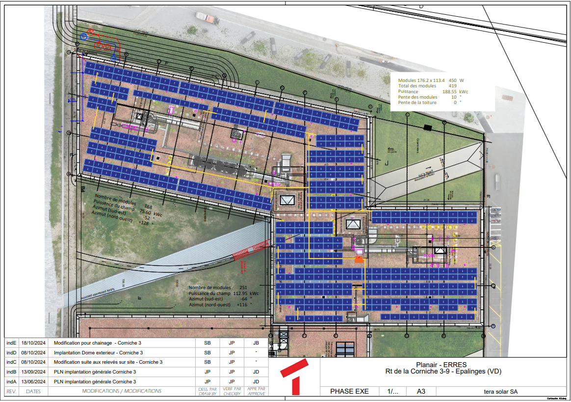Plans d’implantation de panneaux photovoltaïques sur toitures plate à Épalinges (VD), réalisés par tera solar. L’étude technique montre la disposition des modules solaires de 450 W selon les contraintes architecturales et les zones d’ombrage, pour maximiser la production d’énergie solaire.
