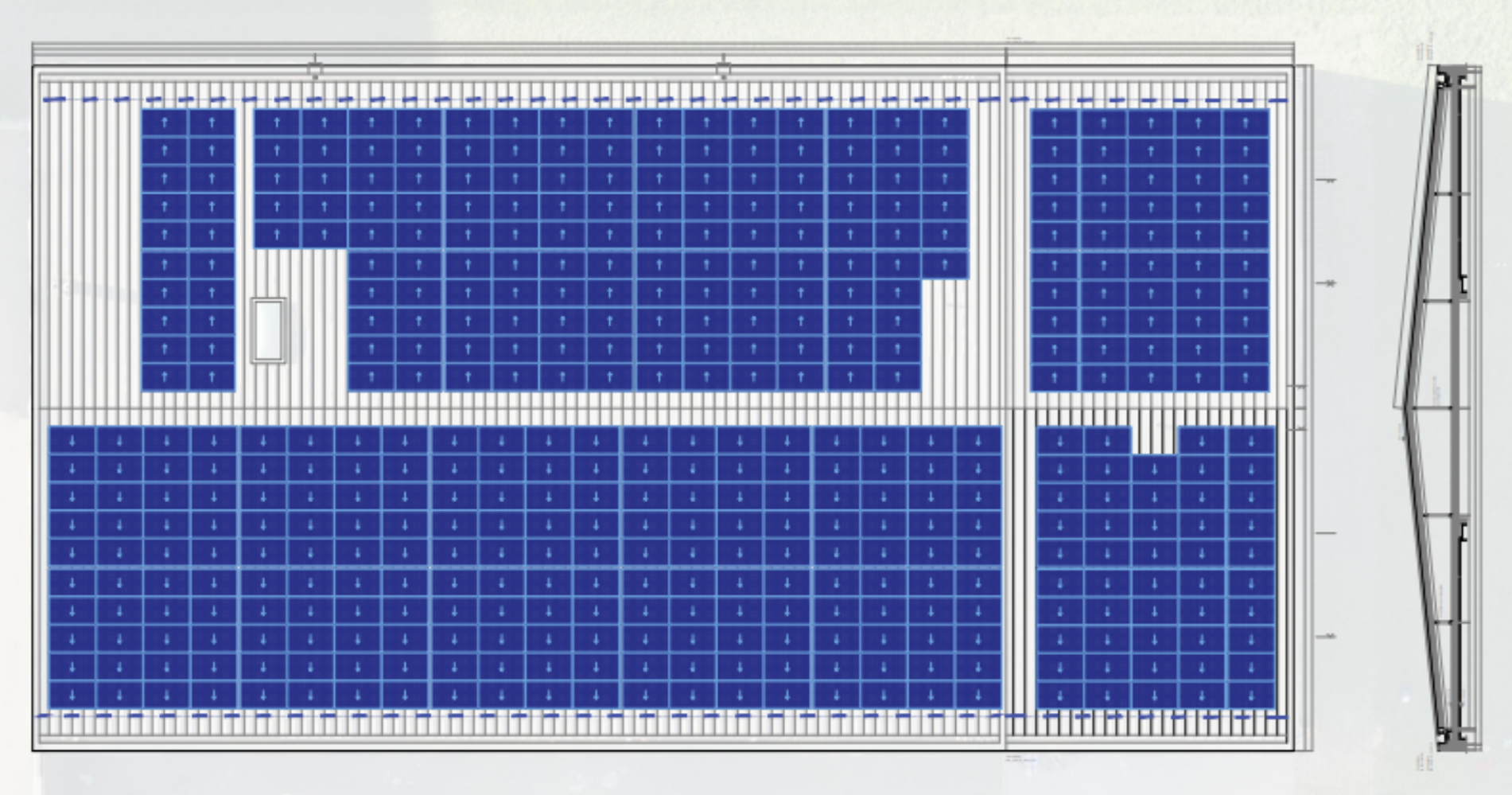 Schéma d’implantation de la toiture de l’école avec l’implantation détaillée des 455 panneaux photovoltaïques.