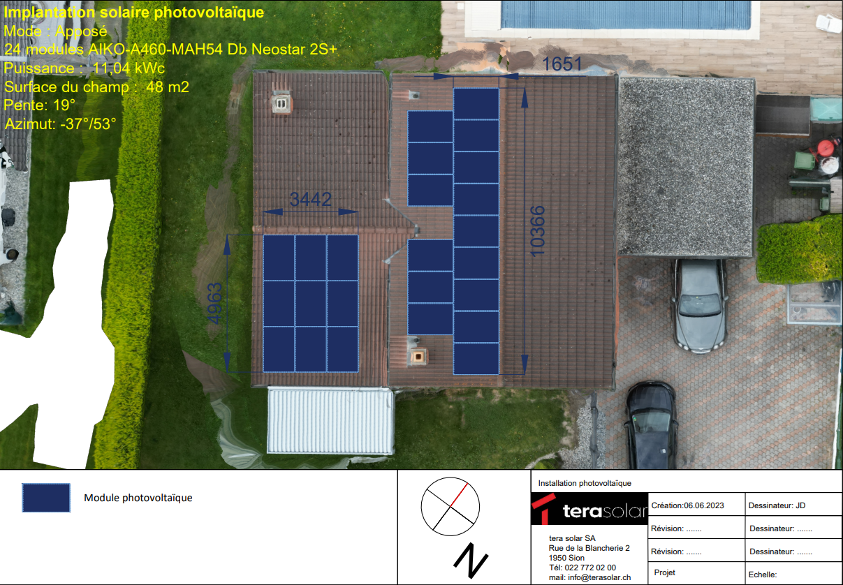 Plan d’implantation solaire photovoltaïque sur toiture en tuiles à Sion, intégrant 24 modules AIKO A460-MAH54 Db Neostar 2S+ pour une puissance totale de 11,04 kWc sur 48 m², inclinaison 19°, azimut −37°/53°, schéma précis de disposition des panneaux réalisé par tera solar.