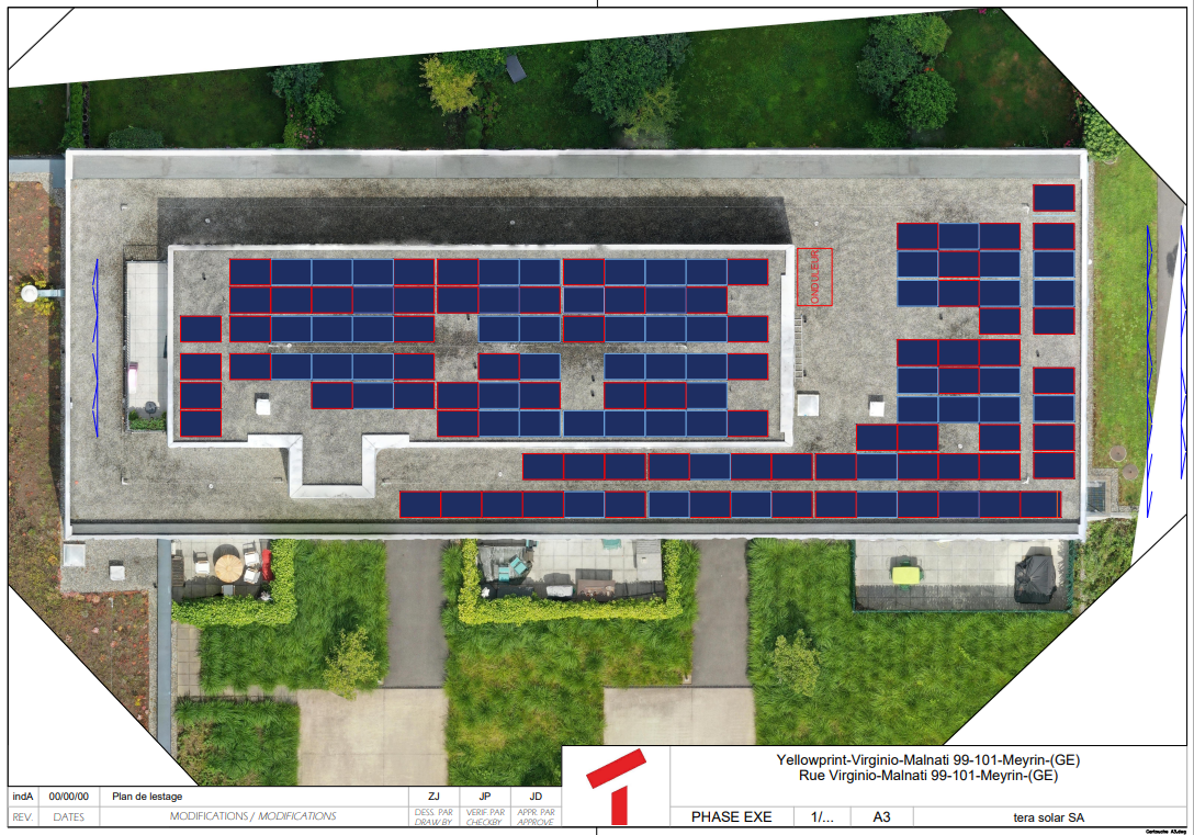 Plans d’implantation de panneaux photovoltaïques sur toiture plate à Meyrin (GE), réalisé par tera solar