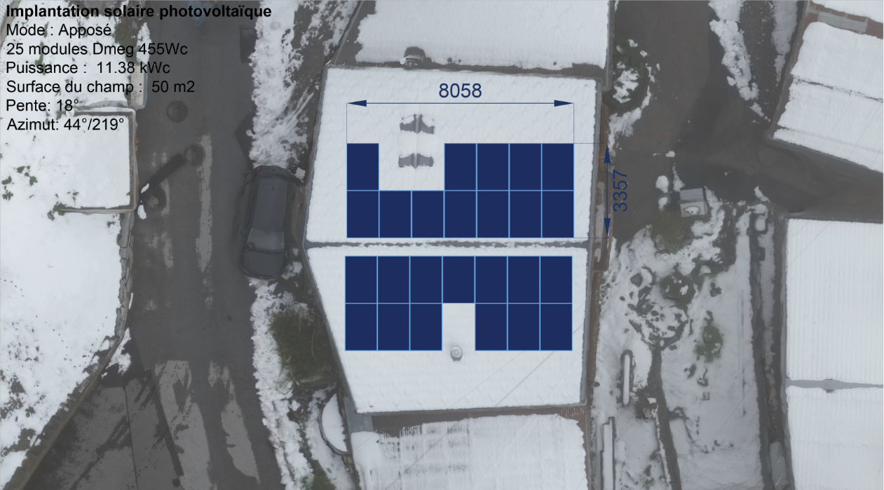 Plan d’implantation solaire photovoltaïque sur toiture plate enneigée à Sion, avec 25 modules Dmeg 455 Wc totalisant 11,38 kWc sur 50 m², inclinaison 18°, azimut 44°/219°, schéma de disposition des panneaux en deux rangées et légende Tera Solar SA.