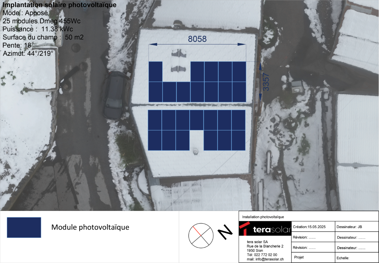 Plan d’implantation solaire photovoltaïque sur toiture plate enneigée à Sion, avec 25 modules Dmeg 455 Wc totalisant 11,38 kWc sur 50 m², inclinaison 18°, azimut 44°/219°, schéma de disposition des panneaux en deux rangées et légende Tera Solar SA.
