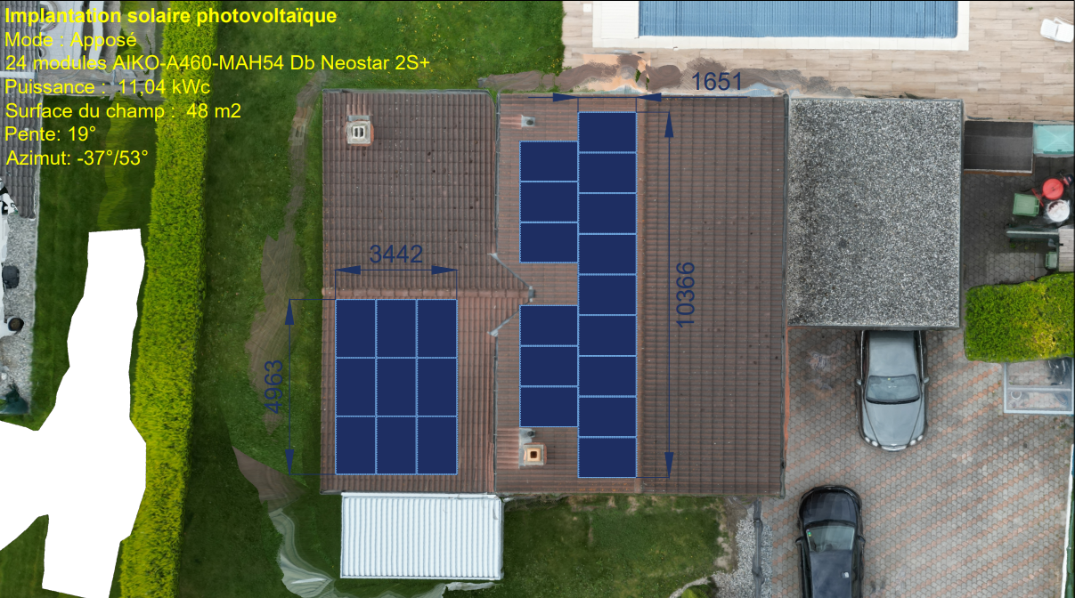 Plan d’implantation solaire photovoltaïque sur toiture en tuiles à Sion, intégrant 24 modules AIKO A460-MAH54 Db Neostar 2S+ pour une puissance totale de 11,04 kWc sur 48 m², inclinaison 19°, azimut −37°/53°, schéma précis de disposition des panneaux réalisé par tera solar.
