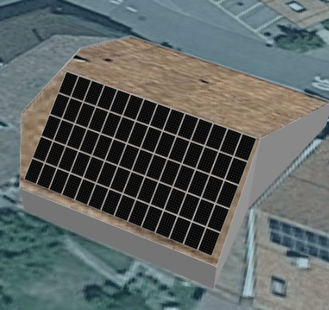 Modèle 3D d'une installation de panneaux solaires disposés en grille sur le toit plat d'un bâtiment commercial