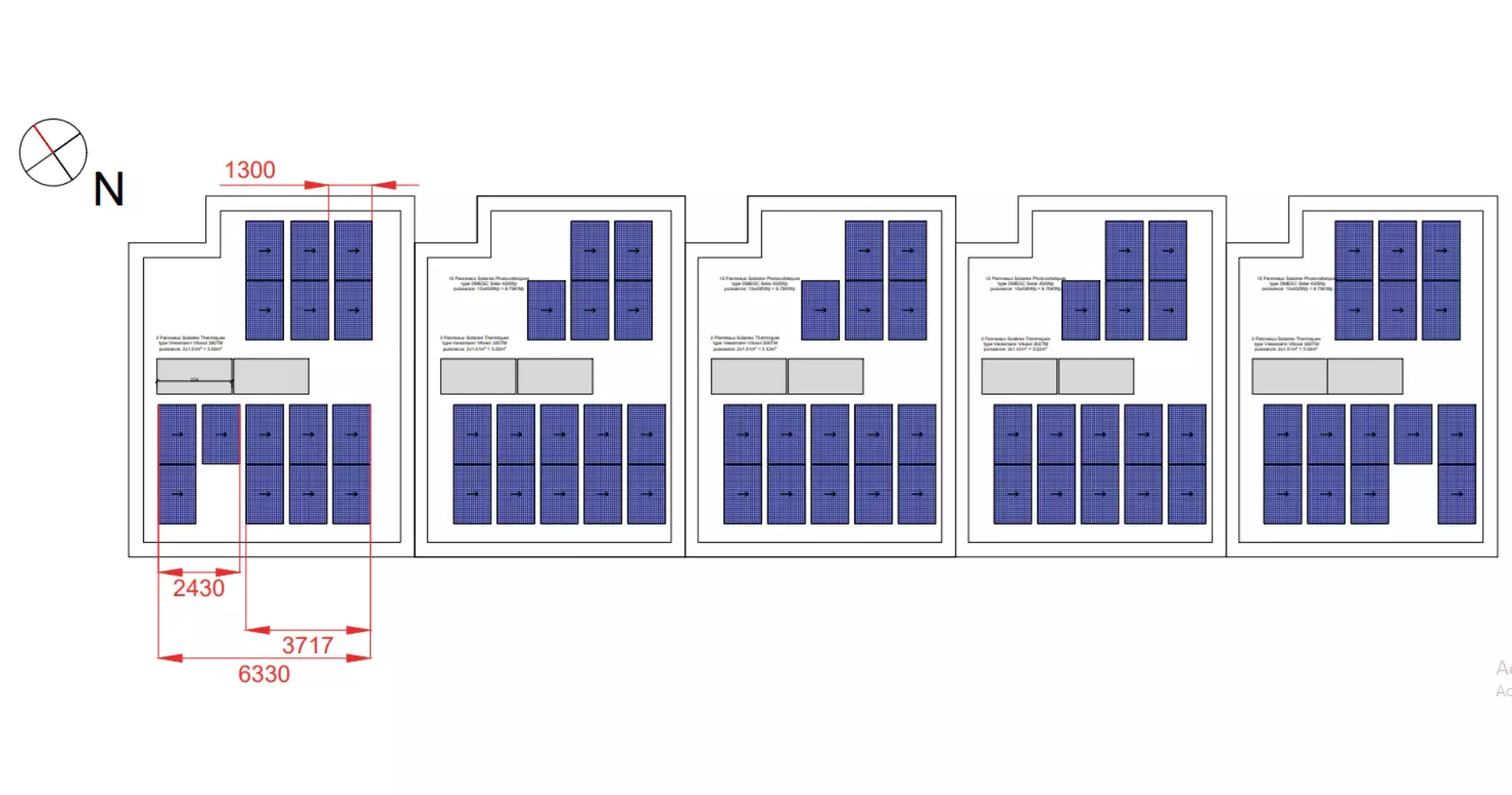 Vue aérienne schématique du site présentant l’implantation des panneaux photovoltaïques sur les toitures des 5 villas.