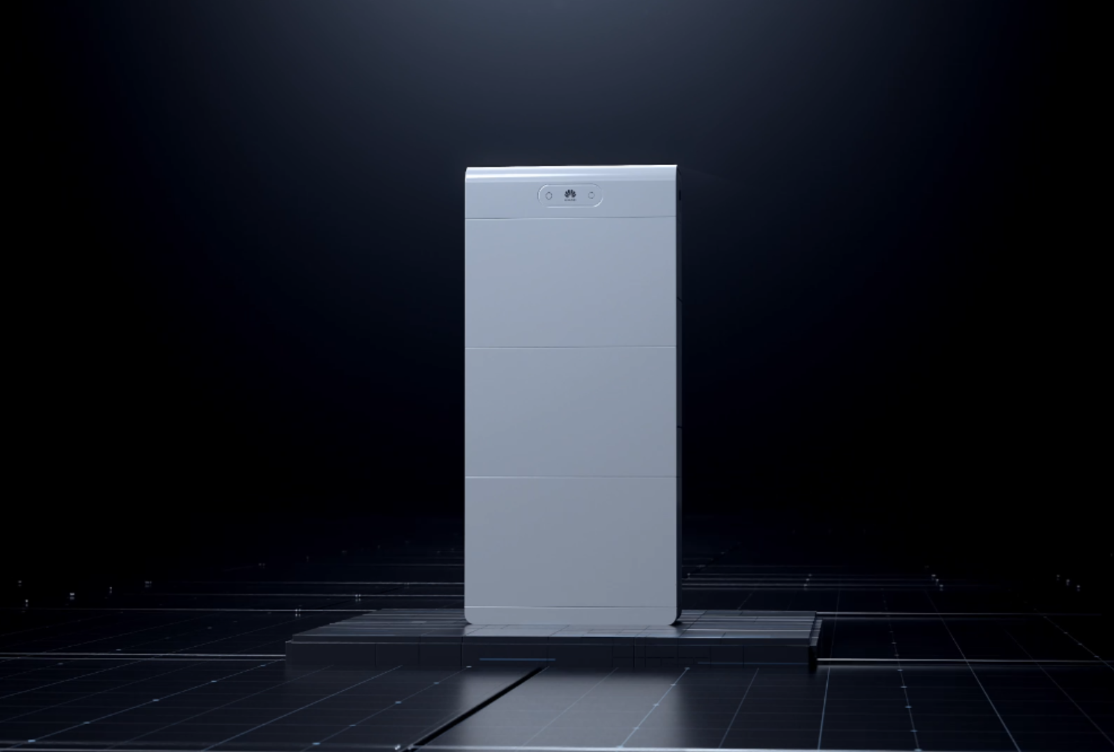 Batterie solaire Huawei destinée au stockage de l’énergie produite par une installation photovoltaïque, mise en avant sur un fond sombre pour présenter son design épuré.