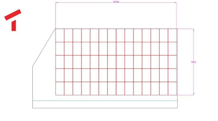 Plan d'installation photovoltaïque montrant la disposition en grille des panneaux Trina Solar 425Wc sur un toit, avec orientation nord et dimensions