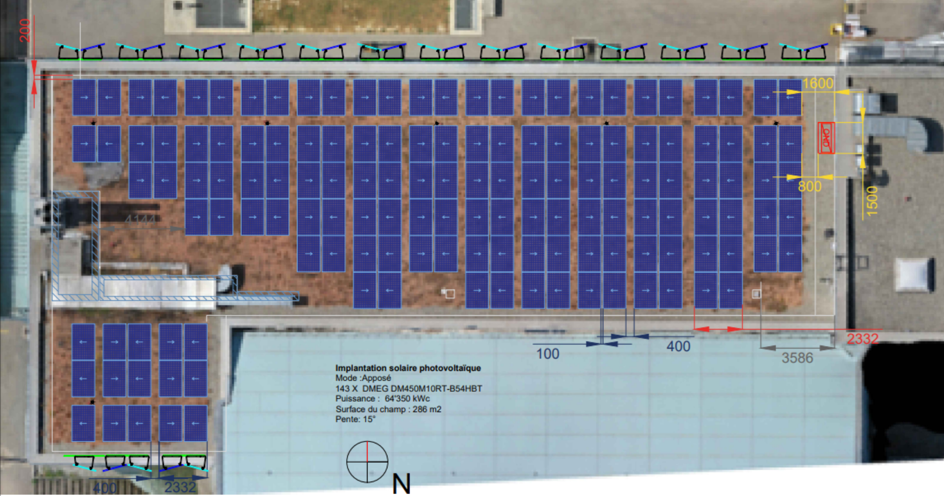 Schéma d’implantation de la toiture de l’école avec l’implantation détaillée des 143 panneaux photovoltaïques.