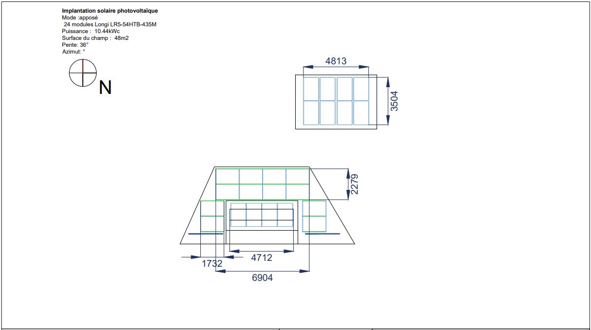 Plan d’implantation des panneaux solaires, 24 modules Longi, surface de 48m², puissance 10,44 kWc, pose sur toiture inclinée à 36°.
