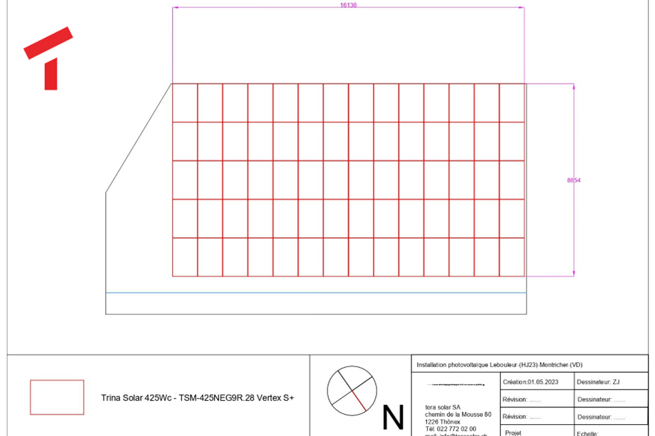 Plan d'installation photovoltaïque montrant la disposition en grille des panneaux Trina Solar 425Wc sur un toit, avec orientation nord et dimensions